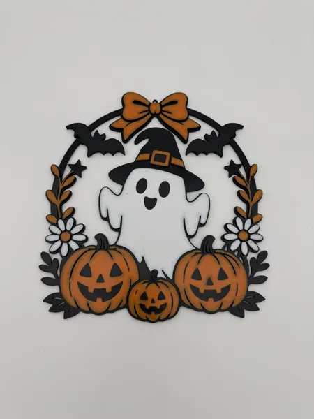 Ghost and pumpkin Halloween wreath for interior doors